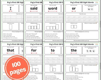 May include: Educational flashcards for learning sight words. The cards feature words like "I", "said", "word", "or", "that", "for", "to", and "the". Each card includes space for tracing, writing, and sentence completion. A circular graphic reads "100 pages".