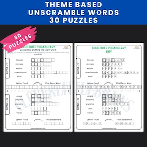 Word Unscramble Puzzles for Kids | 30 Fun Themed Printables | Vocabulary & Spelling Activities | Mystery Word Game | Ideal for Grades 1,2,3