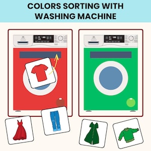 Peut inclure: Illustration éducative intitulée "TRIER LES COULEURS AVEC UNE MACHINE À LAVER" montrant deux machines à laver, une rouge et une verte, avec des vêtements. La machine rouge a un t-shirt rouge, une robe rouge et un jean bleu. La machine verte a une robe verte et un pull vert.