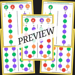 Może przedstawiać: Cztery drukowalne arkusze pracy z instrukcjami, aby "Stukać w kółka poniżej jednocześnie obiema rękami, stosując się do kodów kolorów i etykiet na górze." Każdy arkusz pracy zawiera pionową linię z 10 kółkami w różnych kolorach: czerwonym, pomarańczowym, zielonym, fioletowym i półkolem zielonym i fioletowym. Słowa "Lewo" i "Prawo" znajdują się na górze każdego arkusza pracy.