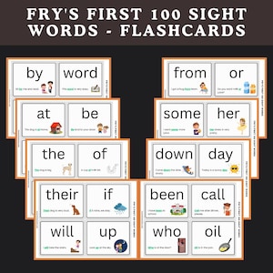 May include: Flashcards for early readers feature sight words like "by," "word," "from," and "or." Each card displays a word with a corresponding image and sentence. The set includes words such as "at," "be," "the," "of," "their," and "if."