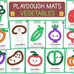 May include: A collection of twelve educational playdough mats featuring vegetable illustrations including broccoli, bell pepper, carrot, mushroom, peas, onion, beetroot, aubergine, potato, tomato, cabbage, and pumpkin with text labels.
