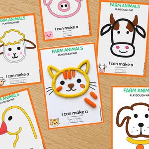 May include: A set of five rectangular Farm Animals Playdough Mat activity cards with orange borders. Each card features a line-drawn animal head, the text 'FARM ANIMALS PLAYDOUGH MAT', and 'I can make a' with a blank line for writing the animal name.