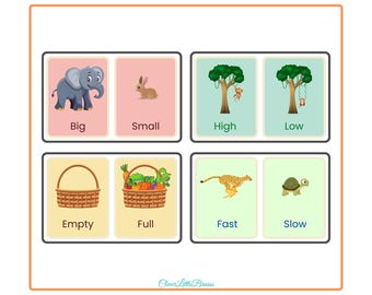Opposites For Kids With Names & Pictures | Opposites Flashcards For Kindergarten | Montessori Activity Cards For Kids