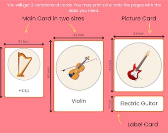 Tarjetas didácticas de instrumentos musicales / Nombres de instrumentos musicales con imágenes para niños / Tarjetas de instrumentos musicales con nomenclatura Montessori de 3 partes