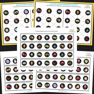 Puede incluir: Actividad de coordinación cerebral bilateral imprimible para niños. La actividad incluye un conjunto de tarjetas con varias imágenes, como una tortuga, una abeja, una medusa, una rana, un pulpo, un pájaro y un gato. Las tarjetas están diseñadas para ser recortadas y utilizadas con la actividad.