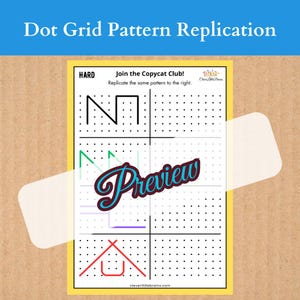 May include: A black and white dot grid worksheet with the text "Join the Copycat Club!" and "Replicate the same pattern to the right."  The worksheet has four sections with different geometric patterns to copy. The worksheet is labeled "HARD".