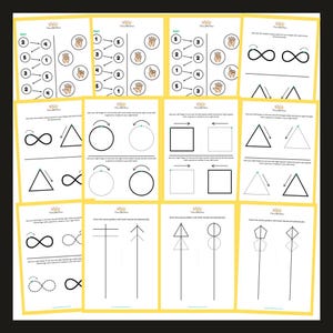 以下が含まれることがあります： 両手で同時に同じパターンを描く練習をするための、12種類の異なるエクササイズが載っている印刷可能なワークシートです。エクササイズには、無限大記号、三角形、円、正方形、その他の図形の描画が含まれています。