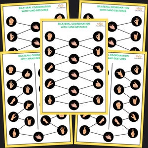 May include: Five black and white worksheets with yellow borders. Each worksheet has a title that says "Bilateral Coordination with Hand Gestures" or "L Coordination and Gestures". Each worksheet has a series of black circles with different hand gestures inside. Lines connect the circles.