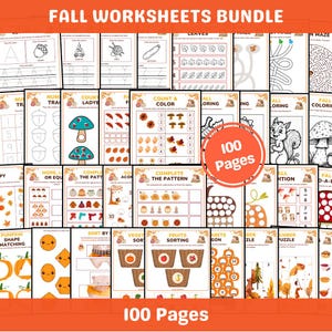 Può includere: Un pacchetto di 100 fogli di lavoro a tema autunnale per bambini. I fogli di lavoro presentano varie attività, tra cui contare, colorare, labirinti e giochi di abbinamento. Le pagine sono decorate con immagini legate all'autunno come zucche, foglie e ghiande. Il titolo è "FALL WORKSHEETS BUNDLE".