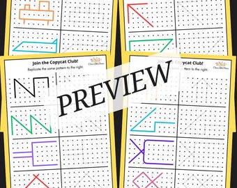 May include: A printable worksheet with four sections, each containing a geometric shape on a grid of dots. The instructions at the top of each section read "Join the Copycat Club! Replicate the same pattern to the right."