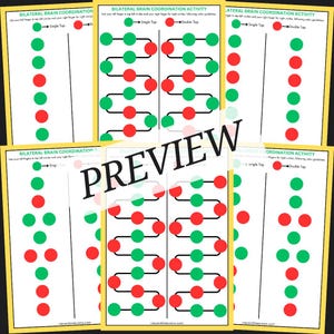 Könnte beinhalten: Vier druckbare Arbeitsblätter mit roten und grünen Kreisen, die in einem Muster angeordnet sind. Die Arbeitsblätter sind mit "Bilaterale Gehirnkordinationsaktivität" betitelt und weisen die Benutzer an, die Kreise mit ihren linken und rechten Fingern zu tippen, wobei sie die Farbanweisungen befolgen. Die Arbeitsblätter sind so konzipiert, dass sie die Hand-Augen-Koordination und die Gehirnfunktion verbessern.