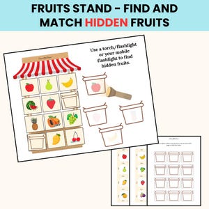 May include: A children's activity sheet titled "FRUITS STAND - FIND AND MATCH HIDDEN FRUITS". The sheet features a fruit stand with various fruits and instructions to find hidden fruits using a flashlight. Includes a matching game.