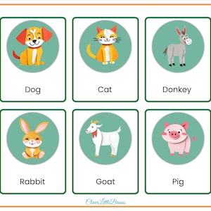 Cartes mémoire animaux domestiques pour enfants | Vocabulaire des animaux domestiques et de la ferme | Nomenclature Montessori en 3 parties avec images | Noms des animaux de la ferme