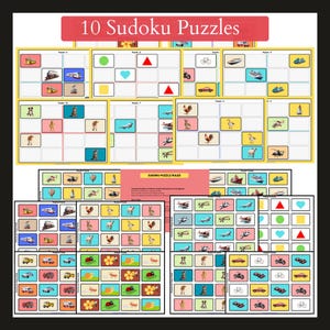 May include: Ten Sudoku puzzles featuring a variety of images, such as a train, a rooster, a helicopter, a snail, a bicycle, a car, and a flower. Each puzzle is presented on a 3x3 grid with nine squares.