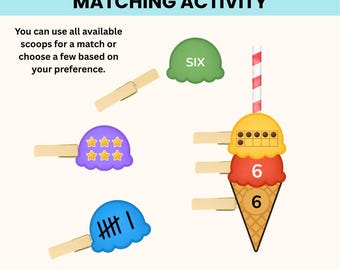 May include: An ice cream-themed number matching activity. The image features ice cream scoops with numbers and tallies, and a cone with the number 6. The text says "ICE-CREAM NUMBER MATCHING ACTIVITY".
