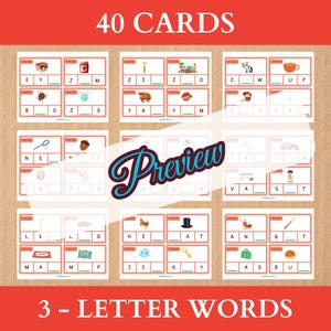 40 tarjetas con imágenes de palabras de 3 letras faltantes / Palabras de 3 letras para preescolar / Actividad de letras faltantes / Tarjetas con imágenes / Actividades Montessori para preescolar