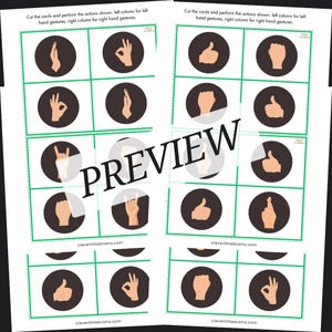 Pode incluir: Flashcards imprimíveis com gestos de mãos, cada cartão apresenta um círculo castanho com uma ilustração de gesto de mão. Os cartões estão dispostos numa grelha, com texto na parte superior e inferior. A palavra "PREVIEW" é sobreposta na imagem.