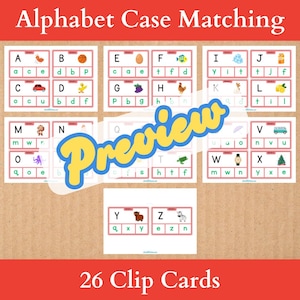 26 cartes à clip assorties en alphabet | Faire correspondre les majuscules aux lettres minuscules | Majuscules et minuscules | Cartes alphabet clip avec images