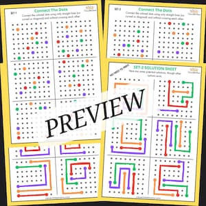 Pode incluir: Uma folha de trabalho imprimível com dois conjuntos de quebra-cabeças de conectar os pontos. Cada conjunto tem quatro grades com pontos coloridos para conectar usando linhas retas. A folha de soluções mostra soluções potenciais para o segundo conjunto de quebra-cabeças.