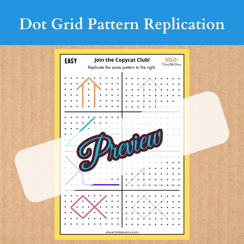 May include: A printable worksheet with a dot grid pattern replication activity. The worksheet has the text "Join the Copycat Club!" and "Replicate the same pattern to the right." The worksheet has three rows of dot grids with different patterns to copy.