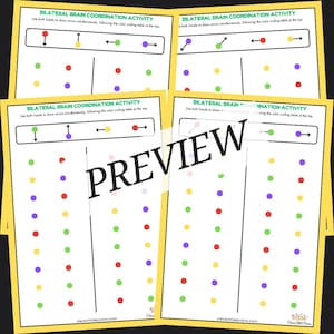 May include: Four printable worksheets with the title "Bilateral Brain Coordination Activity". Each worksheet has a color-coded table at the top and a series of circles to be colored in, following the color code. The worksheets are designed to help children develop their bilateral coordination skills.