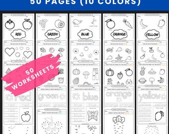 May include: A bundle of 50 color worksheets with 10 colors. Each worksheet features outlines of objects to color, including fruits, vegetables, and other items. The worksheets are designed for educational purposes.