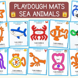 May include: A collection of twelve educational playdough mats featuring sea animals. Each rectangular mat displays a colourful outline of a creature, including a starfish, whale, seahorse, shark, crab, clownfish, turtle, jellyfish, pufferfish, lobster, oyster, and octopus, with the text 'SEA ANIMALS PLAYDOUGH MAT' and 'I can make a' followed by the animal name.