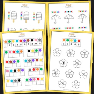 Op de afbeelding: Een afdrukbaar werkblad met vier verschillende activiteiten voor kinderen om te oefenen met tellen en kleurherkenning. De activiteiten omvatten het tellen van ijsjes, paraplu's, bloemen en het invullen van tien frames met gekleurde stippen.