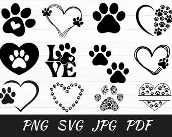 Pacchetto SVG con impronta di zampa a forma di cuore: file di taglio della zampa di cane (download digitale)