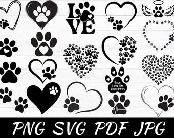Pacchetto SVG con impronta di zampa a forma di cuore: file di taglio della zampa di cane (download digitale)