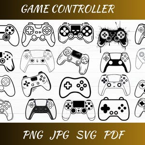 May include: Collection of game controller illustrations in black and white. The image features various designs, including controllers with buttons, joysticks, and directional pads. The text "GAME CONTROLLER" is at the top, and "PNG JPG SVG PDF" is at the bottom.