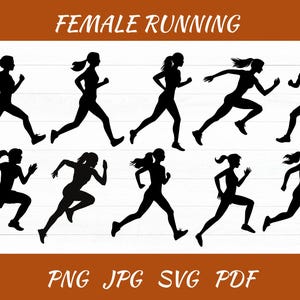 May include: Black silhouettes of female runners in various poses, set against a white background. The words "FEMALE RUNNING" are at the top, and "PNG JPG SVG PDF" are at the bottom. The image is suitable for athletic or fitness-related designs.