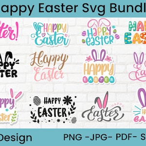 Puede incluir: Una colección de diseños coloridos de "Felices Pascuas" con orejas de conejo y elementos florales. La imagen incluye el texto "Happy Easter Svg Bundle", "30 Design" e información de tipo de archivo.
