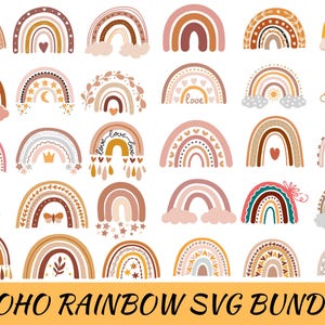 May include: A set of 30 colorful boho rainbow SVG files. The rainbows are in various styles and colors, including pink, orange, yellow, green, blue, and purple. Some rainbows have stars, hearts, clouds, and other decorative elements.