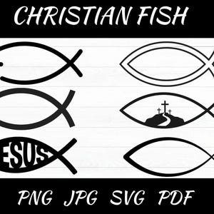 Könnte beinhalten: Ein Satz von sechs schwarzen und weißen christlichen Fischsymbolen. Die Symbole beinhalten ein Kreuz, das Wort "JESUS" und eine stilisierte Darstellung eines Weges, der zu drei Kreuzen führt.