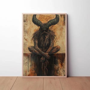 May include: A digital painting of a dark, demonic figure with horns and a beard. The figure is sitting with its legs crossed and has a menacing expression. The background is a textured, earthy color.
