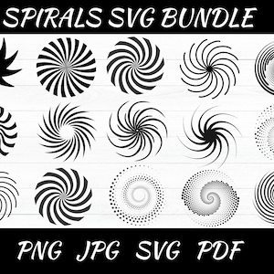 以下が含まれることがあります： さまざまなスパイラルデザインを特徴とする白黒のSVGバンドル。デザインには、さまざまなスパイラルのパターンとスタイルが含まれています。「SPIRALS SVG BUNDLE」というテキストが上部にあり、「PNG JPG SVG PDF」が下部にあります。
