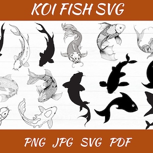 Pode incluir: Uma coleção de designs de peixes koi em vários estilos, incluindo silhuetas e desenhos detalhados. A imagem apresenta o texto "KOI FISH SVG" no topo e as opções de tipo de arquivo "PNG JPG SVG PDF" na parte inferior, tudo em uma faixa marrom.