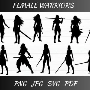 Pode incluir: Ilustrações de silhuetas pretas de guerreiras em várias poses, cada uma segurando uma espada. A imagem inclui o texto "FEMALE WARRIORS" no topo e indicadores de tipo de arquivo "PNG JPG SVG PDF" na parte inferior.