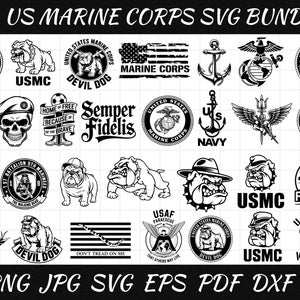 May include: A collection of 36 US Marine Corps SVG designs in black and white. Includes emblems, bulldog illustrations, patriotic symbols, and text such as "USMC", "Devil Dog", and "Semper Fidelis". Formats include PNG, JPG, SVG, EPS, PDF, DXF, and AI.