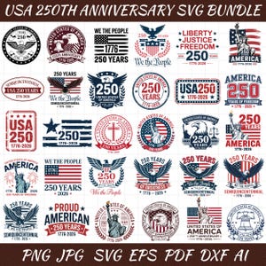 Puede incluir: Una colección de diseños patrióticos que celebran el 250 aniversario de los Estados Unidos. Los diseños presentan la bandera estadounidense, águilas, la Estatua de la Libertad y el texto "250 Años" y "1776-2026".