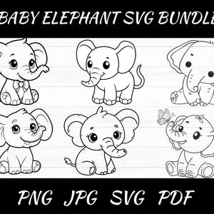 Fichier de coupe bébé éléphant SVG jolie fille éléphant contour éléphant baby shower fille chemise body Kawaii Animal Silhouette Cricut vinyle fer sur