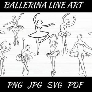 May include: Black and white line art of ballerinas in various poses. The image features multiple figures, each depicted with simple, flowing lines, wearing tutus and pointe shoes. The text "BALLERINA LINE ART" is at the top, with "PNG JPG SVG PDF" at the bottom.