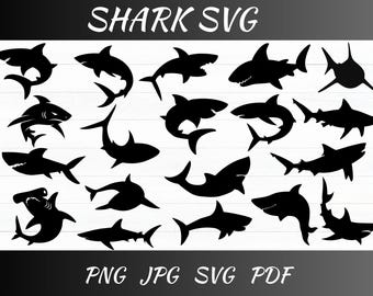 Paquete SVG de silueta de tiburón, imágenes prediseñadas (descarga instantánea)