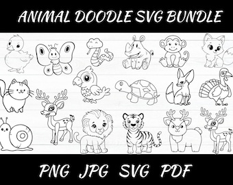 Animal Doodle SVG Bundle: Farm & Jungle Outlines, Clipart