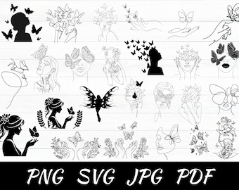 Woman Butterfly Line Art SVG Bundle (Digital Download)