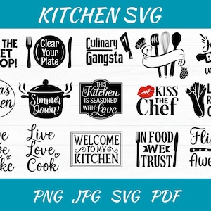 Może przedstawiać: Zbiór czarno-białych wzorów SVG o tematyce kuchennej z frazami takimi jak "Kiss the Chef" i "Just Roll with it". Zawiera obrazy buraka, przyborów kuchennych i wałka do ciasta. Tekst "KITCHEN SVG" znajduje się na górze.