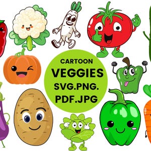 Svg de légumes dessin animé | Téléchargement numérique de légumes mignons et amusants | Créations parfaites pour les enfants | Téléchargement clipart végétarien