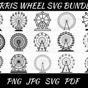 以下が含まれることがあります： さまざまなスタイルの白黒観覧車のデザインのコレクション。「FERRIS WHEEL SVG BUNDLE」の文字が上部にあり、「PNG JPG SVG PDF」が下部にあります。画像には、複数の観覧車のイラストが描かれています。